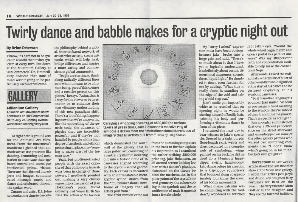 Westender newspaper article writing about Jacob Hokanson Millennium Art Gallery Solo Show