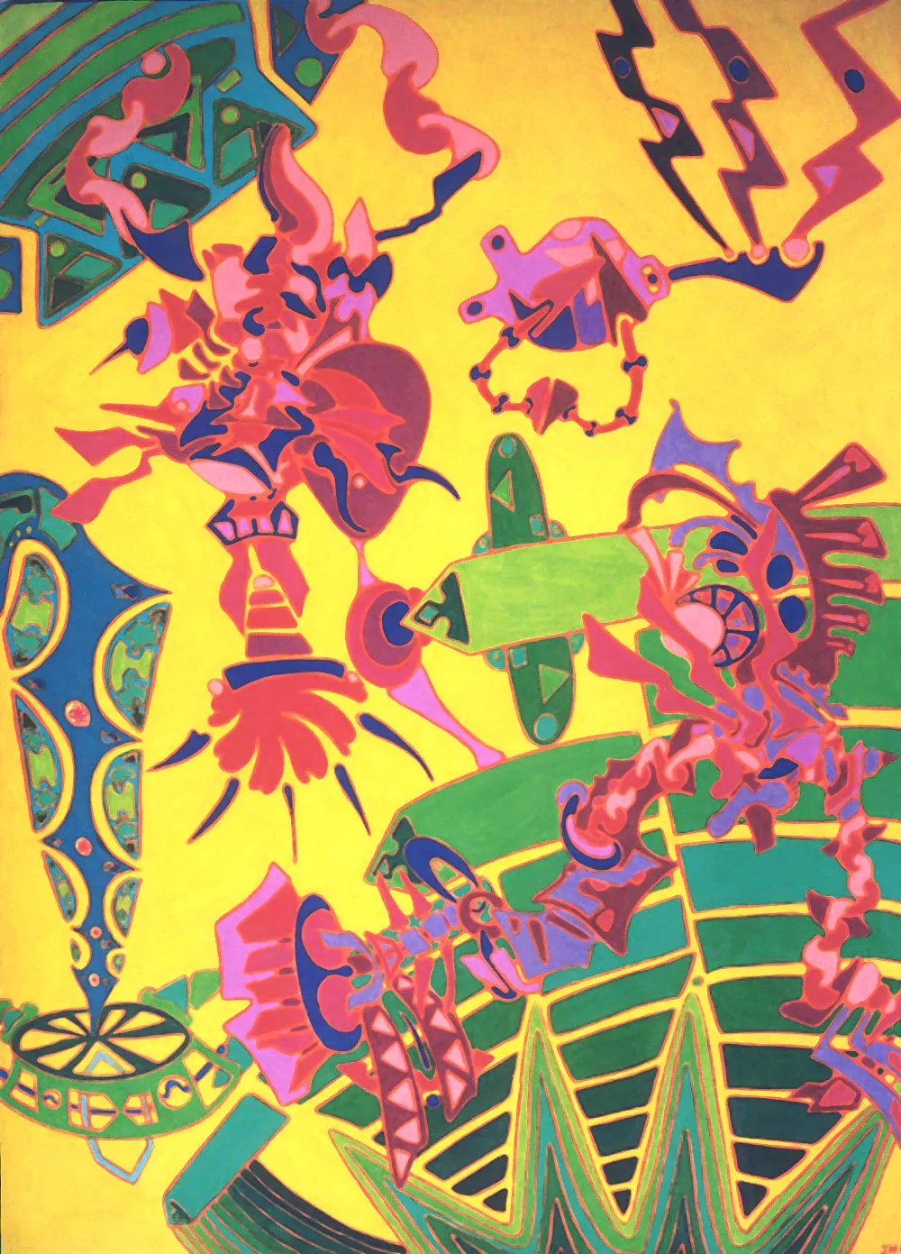 "Arbutus": 1995 Pencil Crayon on paper in vibrant greens, yellows, and purples.